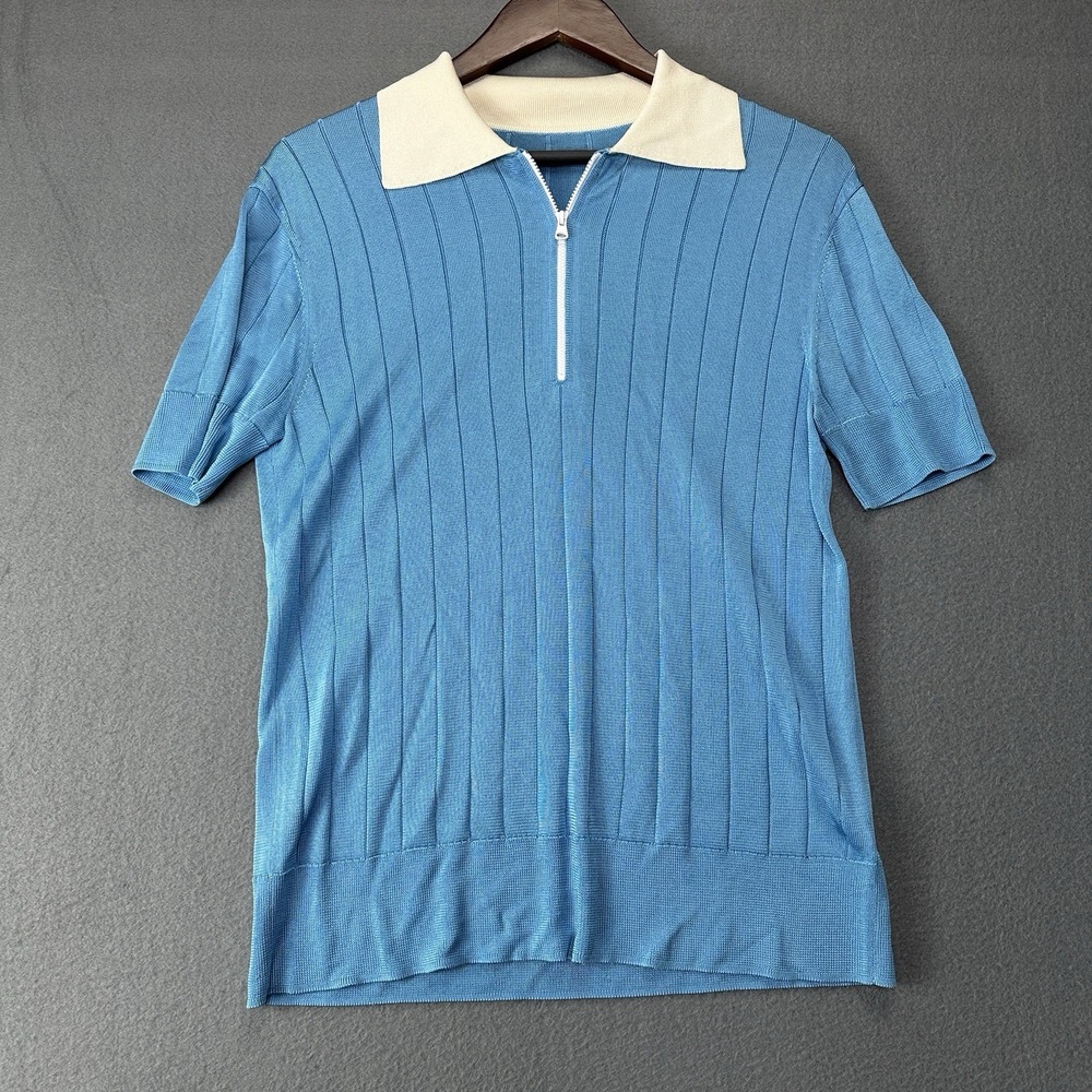 St. John Rayon Knit Polo Shirt Blue White Size Medium Short Sleeve Women's